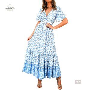 Summer Midi Dress V-Neck Short Sleeve Floral Print Bohemian Casual